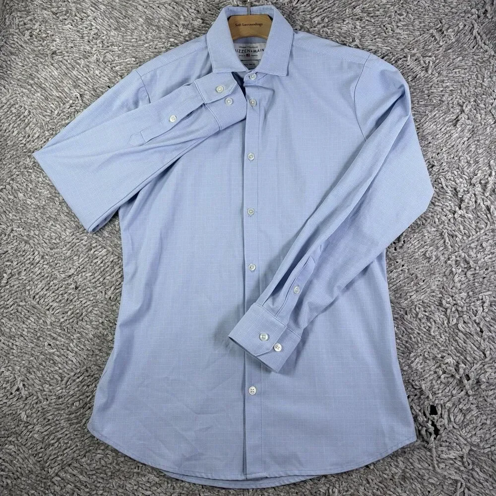 Mizzen Main Leeward Shirt Mens Small Trim Fit Baby Blue Long Sleeve Stretch Work